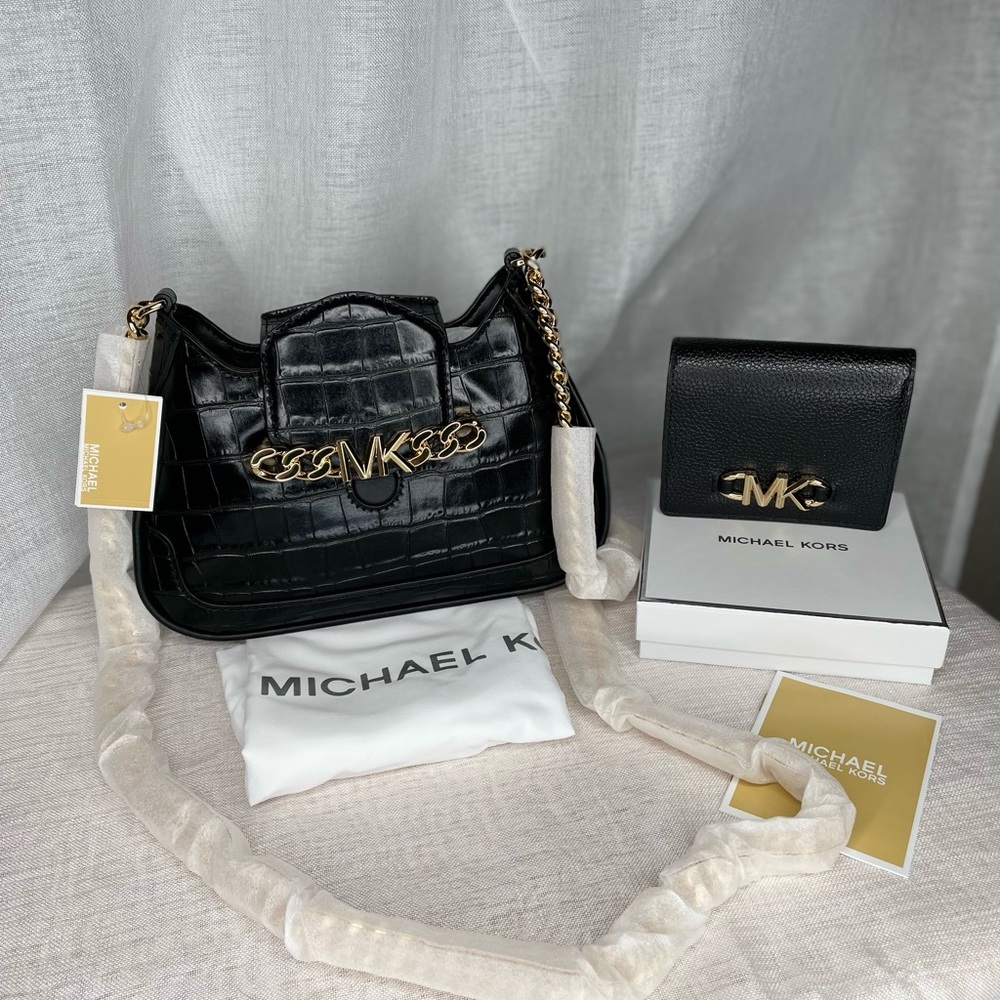 NEW MICHAEL Michael Kors Wythe leather crossbody bag Black Croc and Wallet Set